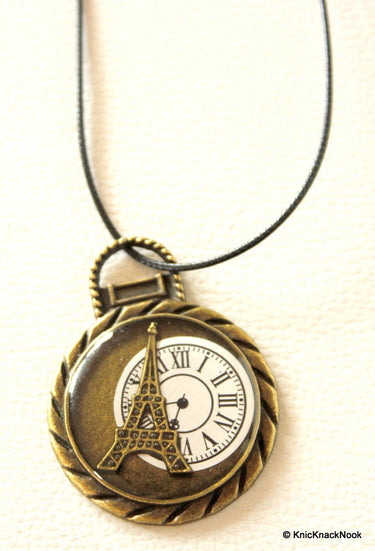 Bronzed Eiffel Tower Watch Necklace Pendant, Eiffel Tower Charm Pendant, Watch Clock Round Pendant